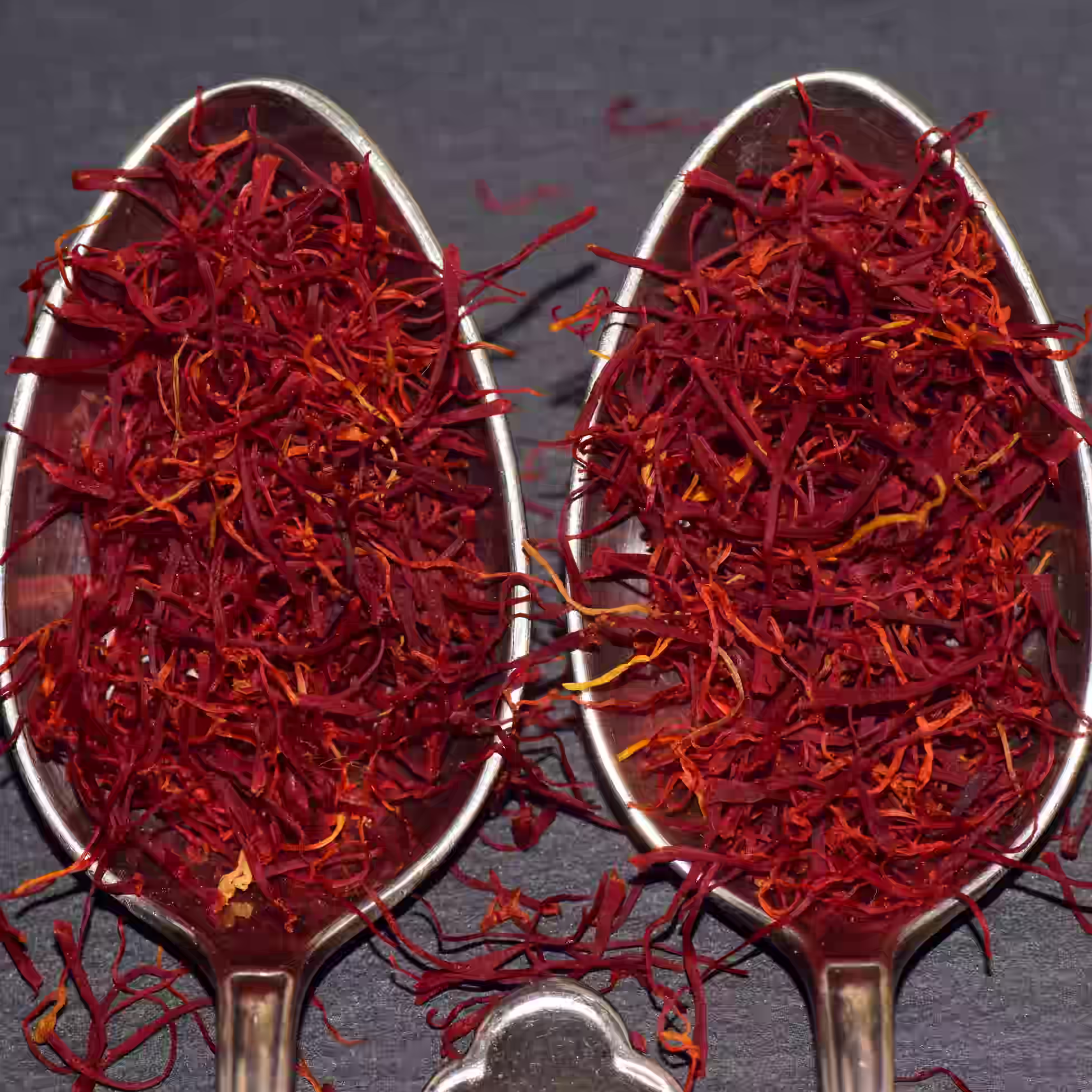 Saffron strands placed in metal spoons on a dark background emphasizing vibrant color and premium texture.