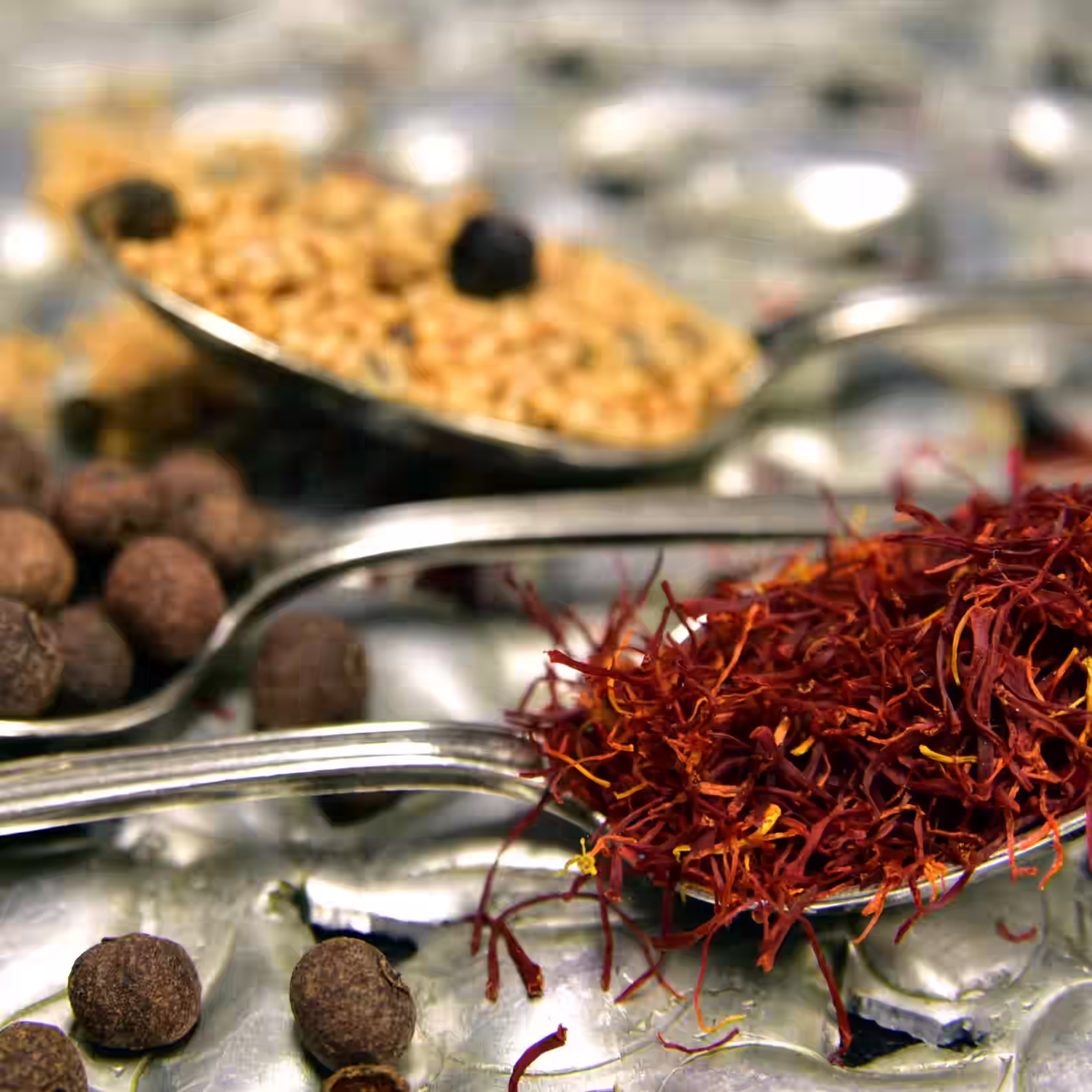 Saffron threads arranged on metal spoons with whole spices showing rich color texture and culinary saffron quality
